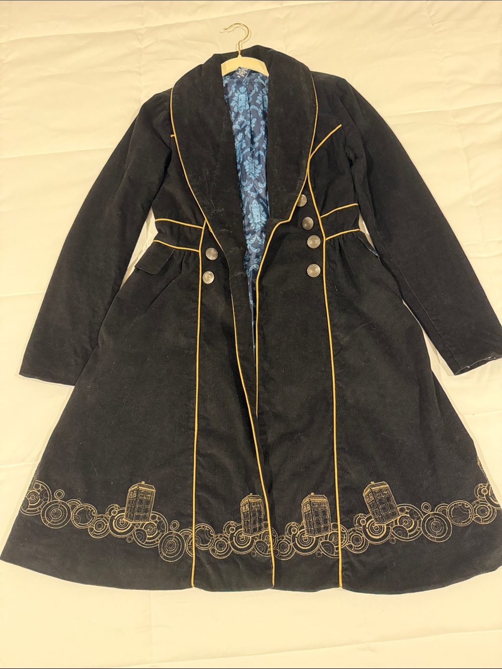 Dr Who TARDIS Hot Topic Black Trench Coat with Gold Piping and Blue Lining XS